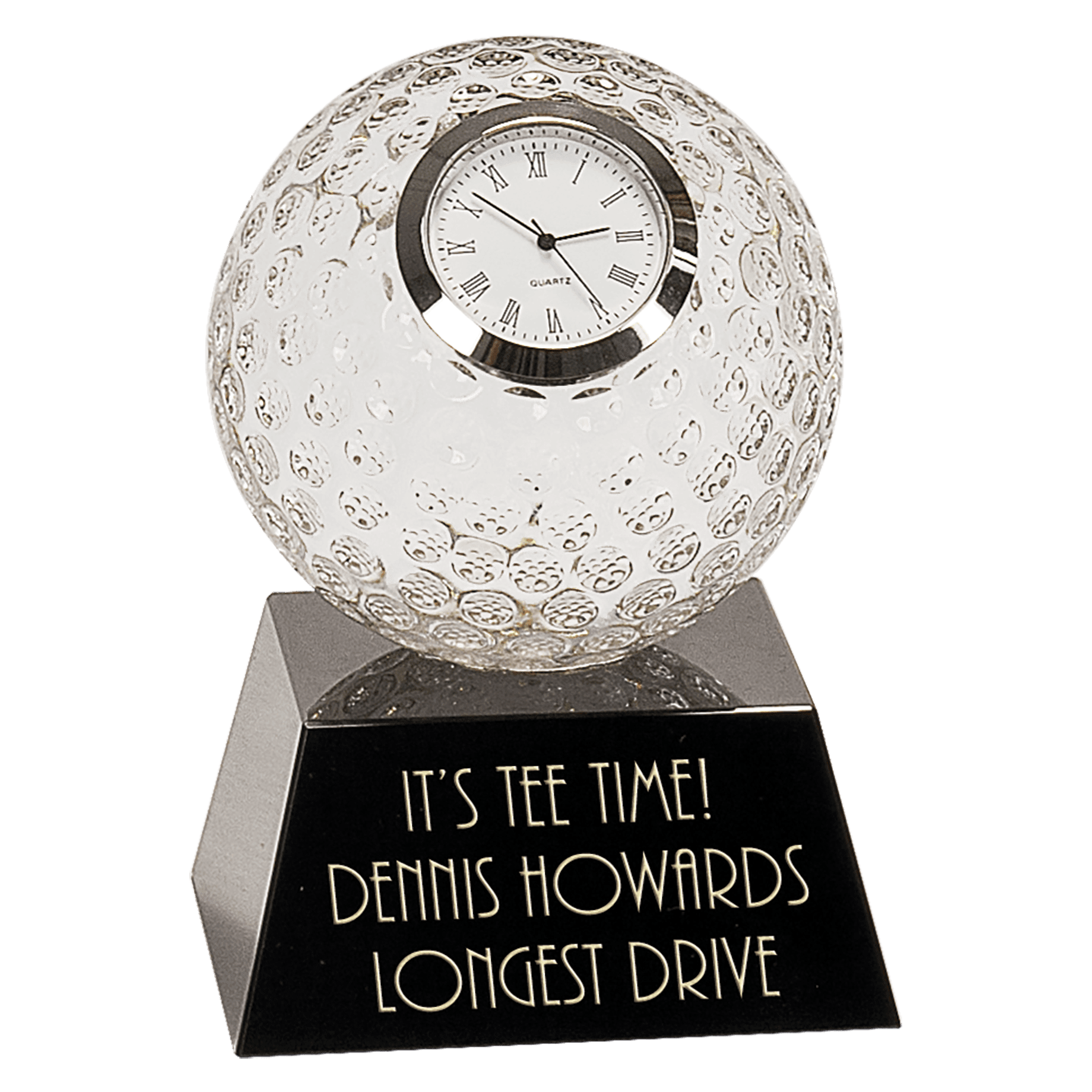 5" Clear Crystal Golf Ball Clock on Black Pedestal Base