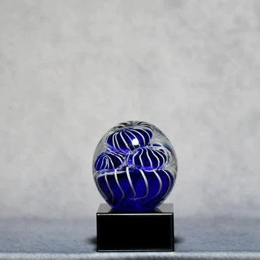 Art Glass Round Blue Blooms on Black Base