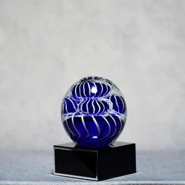 Art Glass Round Blue Blooms on Black Base
