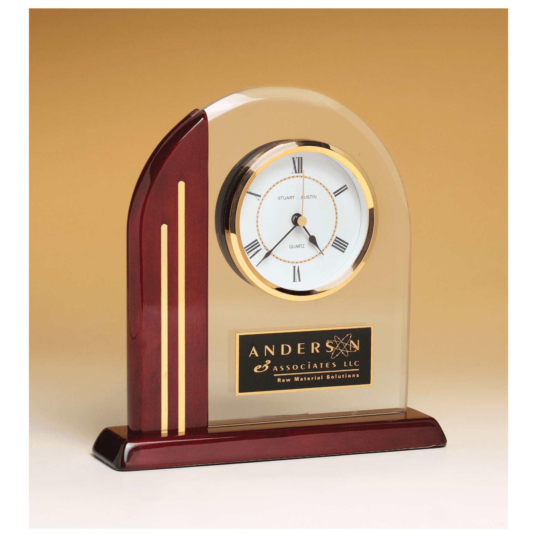 Arch Clock with Glass Upright and Rosewood Piano Finish Post and Base with Plate