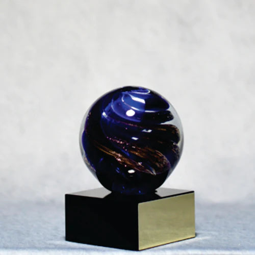 Art Glass Round Blue/Gold on Black Base