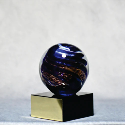 Art Glass Round Blue/Gold on Black Base